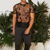 Men Club Top See-through Mesh Flower Embroidery Round Neck Ultra-thin Short Sleeves Slim Fit Party Performance Bartender Slutty T-shirt