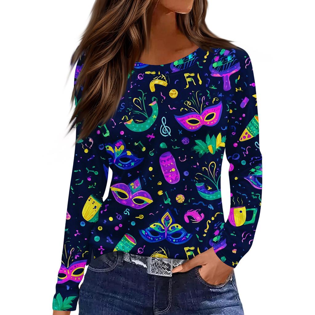 Women's Fashionable Carnival Print Round Neck Long Sleeve Top With Slit Hem