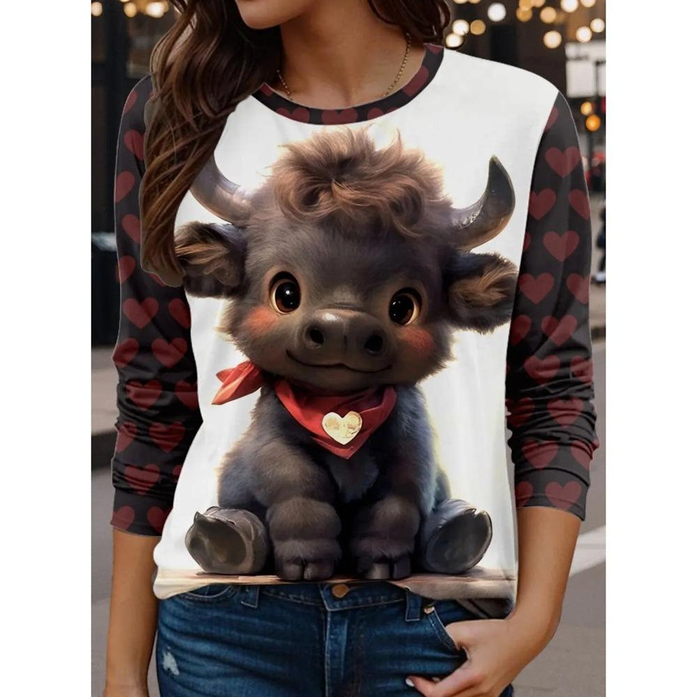 Funny Animal Cattle 3d Print Long Sleeve T-Shirt Women's Fashion Casual Oversized Round Neck T-Shirt