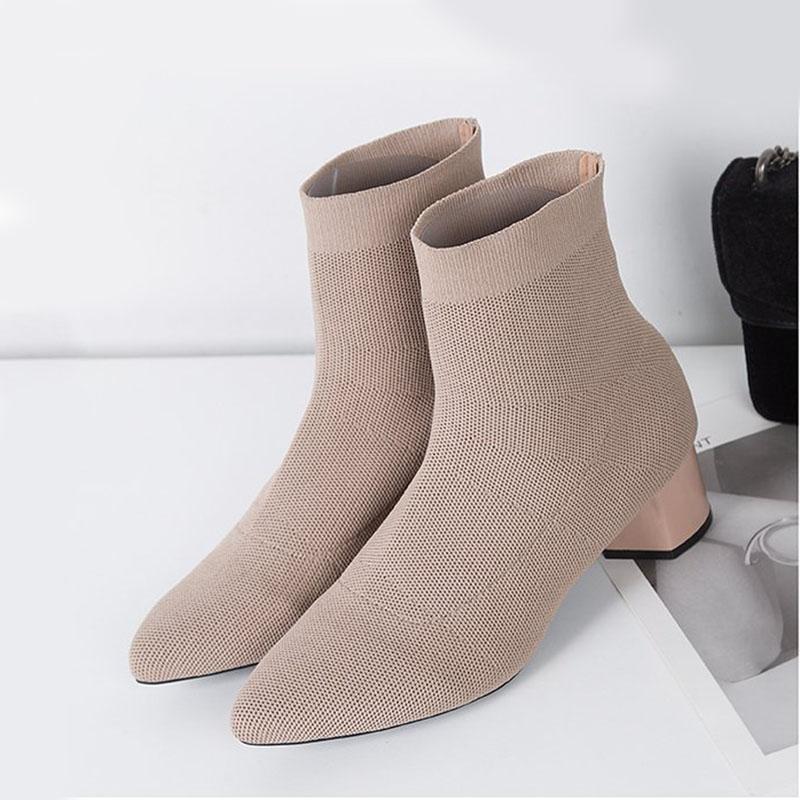 Comemore Autumn and Winter New Pointed Toe Sock Boots for Women Knitted Stretch Comfortable Casual Elastic Solid Ankle Boots
