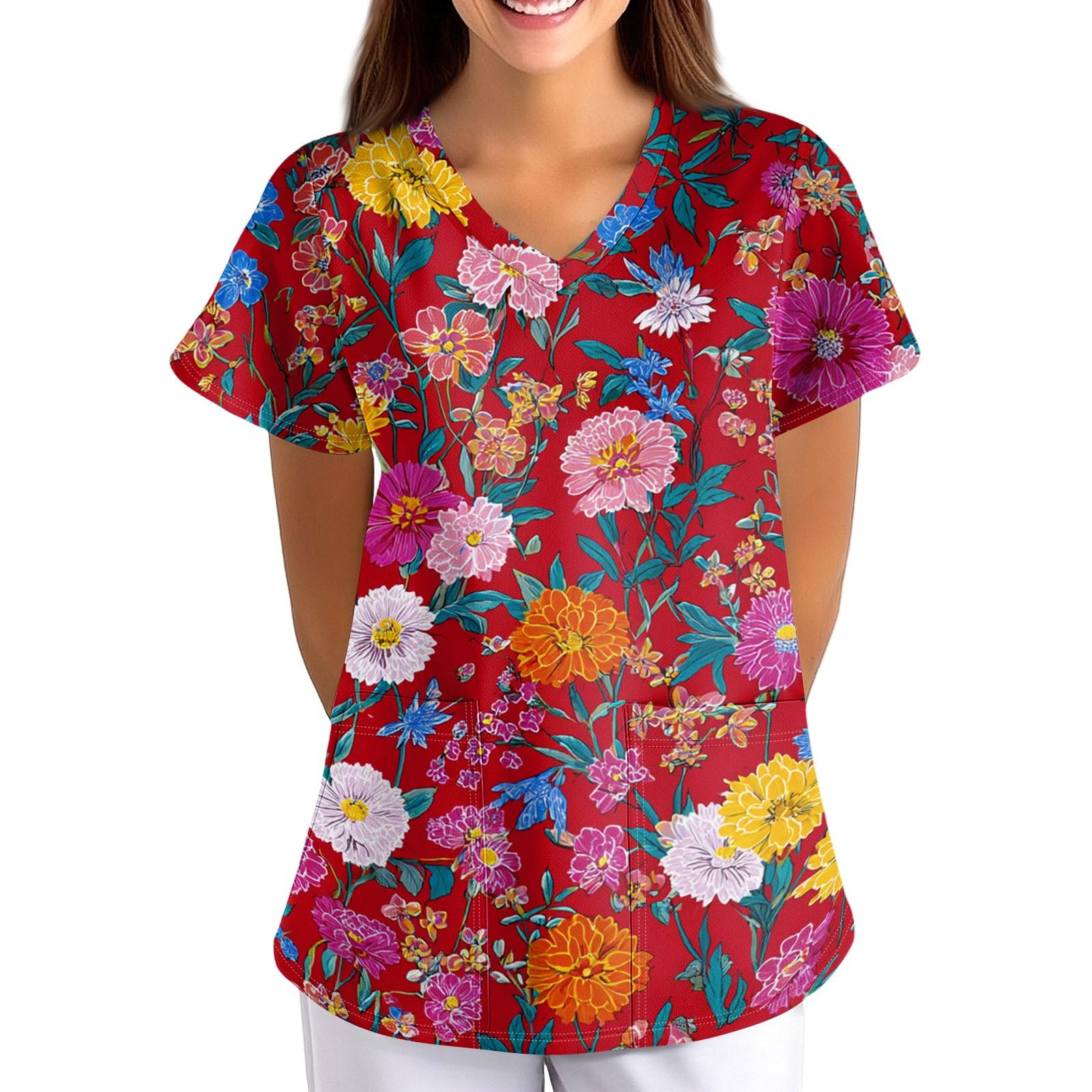 

Women Short Sleeve V Neck T Shirt Floral Print Casual Loose Fit Lightweight Blouse for Everyday Wear and Activities M
