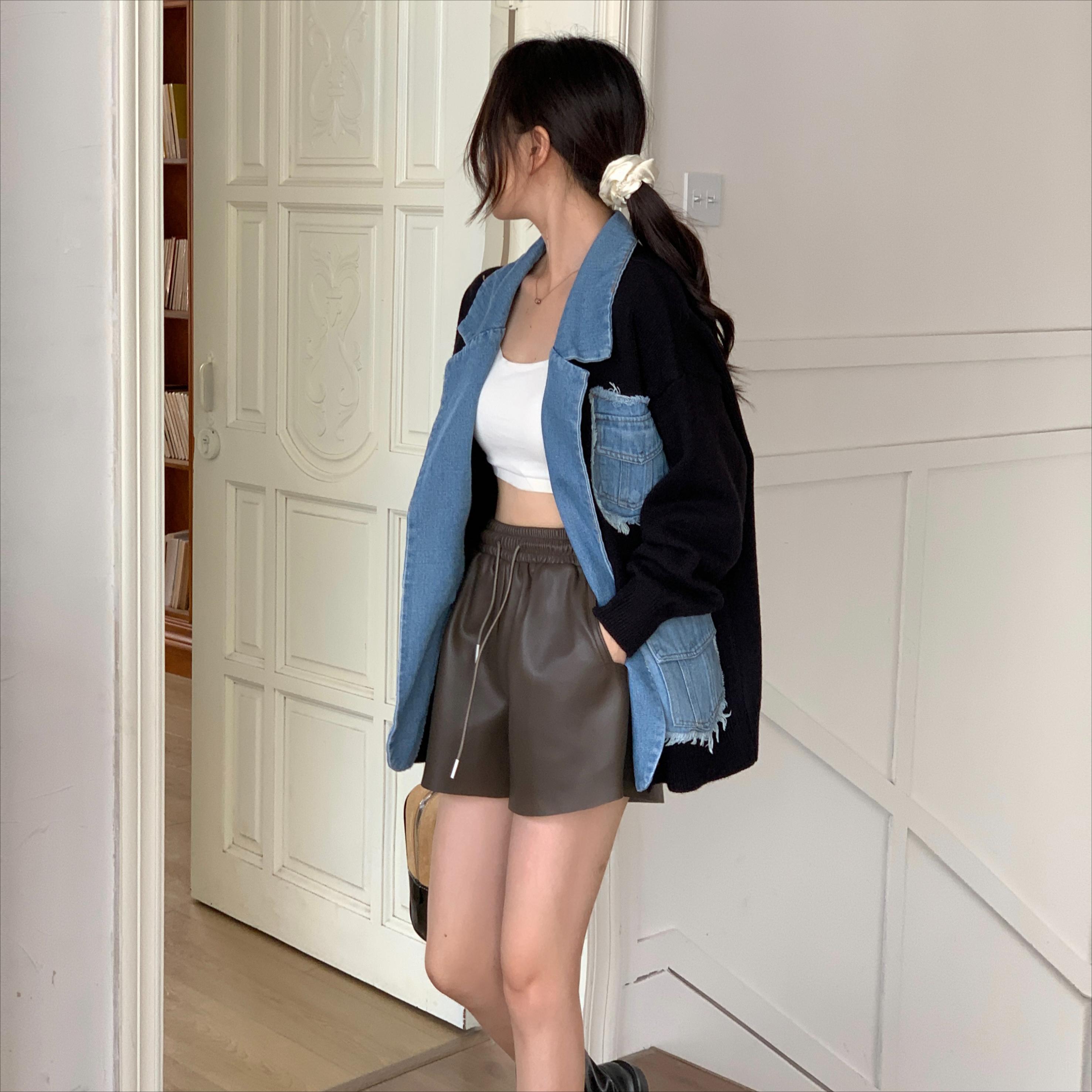 

DIMANAF 2025 Plus Size Autumn Women Patchwork Denim Sweaters Jacket Pockets Knitting Fashion Casual Style Blue Loose Sweater One Size чёрный