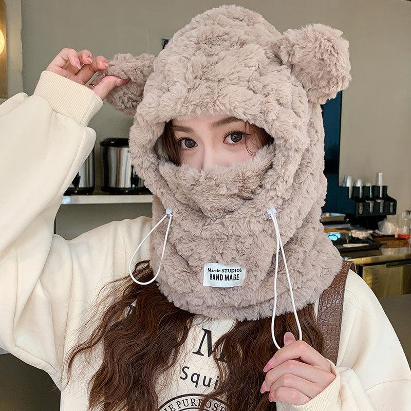 Fleece Thick Mask Scarf Integrated Cycling Warm Women's Scarf One-piece Plush Bear Ear Hat Men