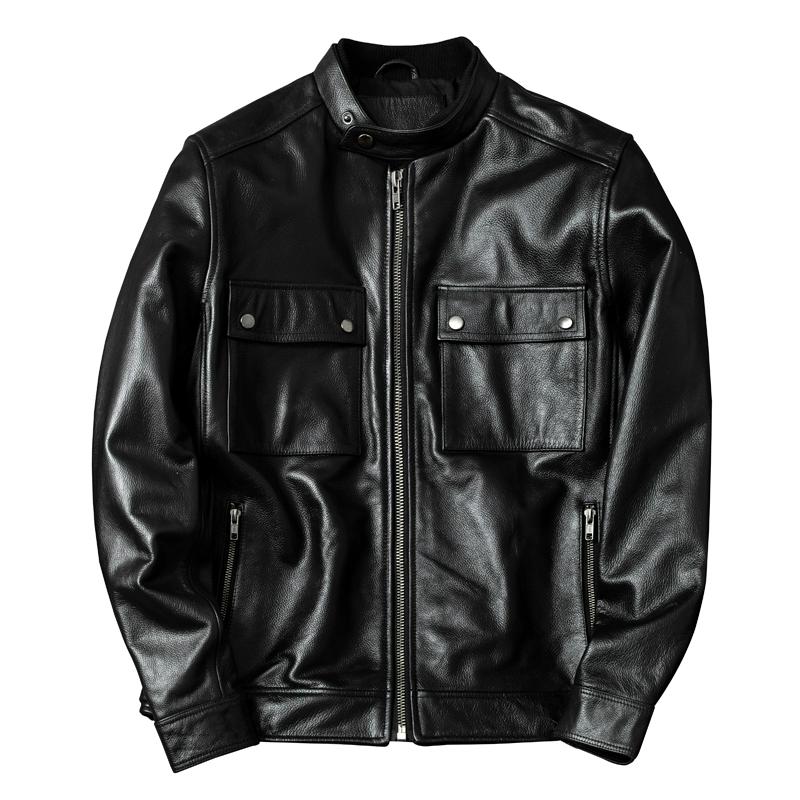 Genuine Leather Jacket Men European Style Stand Collar Biker Coat Casual Large Size