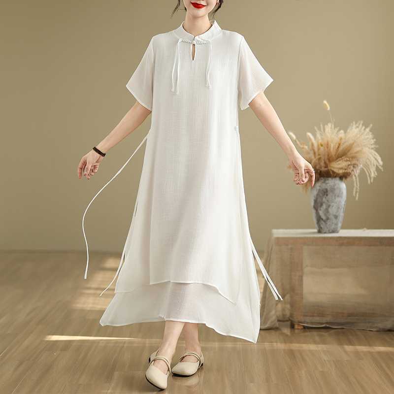 Summer Women's Short-sleeved Dress with Double Base Layers