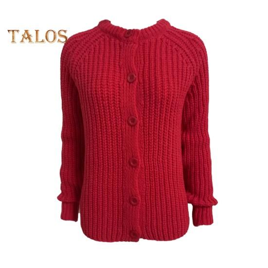 Женский свитер пальто круглый вырез длинный рукав однотонный кардиган на пуговицах свитер толстая теплая трикотажная верхняя одежда S красный 2243₽