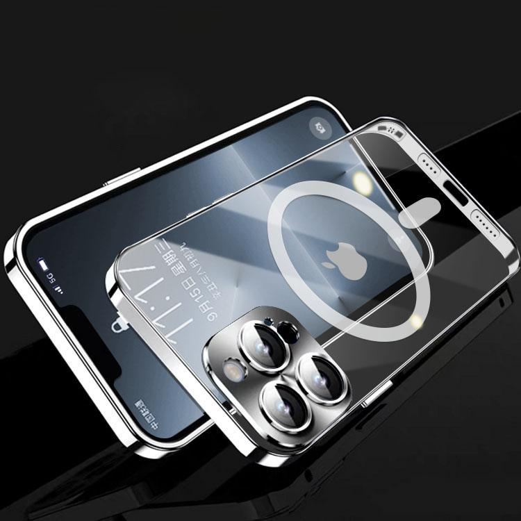 Luxusní pouzdro na telefon s magnetickým kovovým rámem pro iPhone 14 13 12 Pro Max Full Lens Glass Cover Matný průhledný zadní kryt