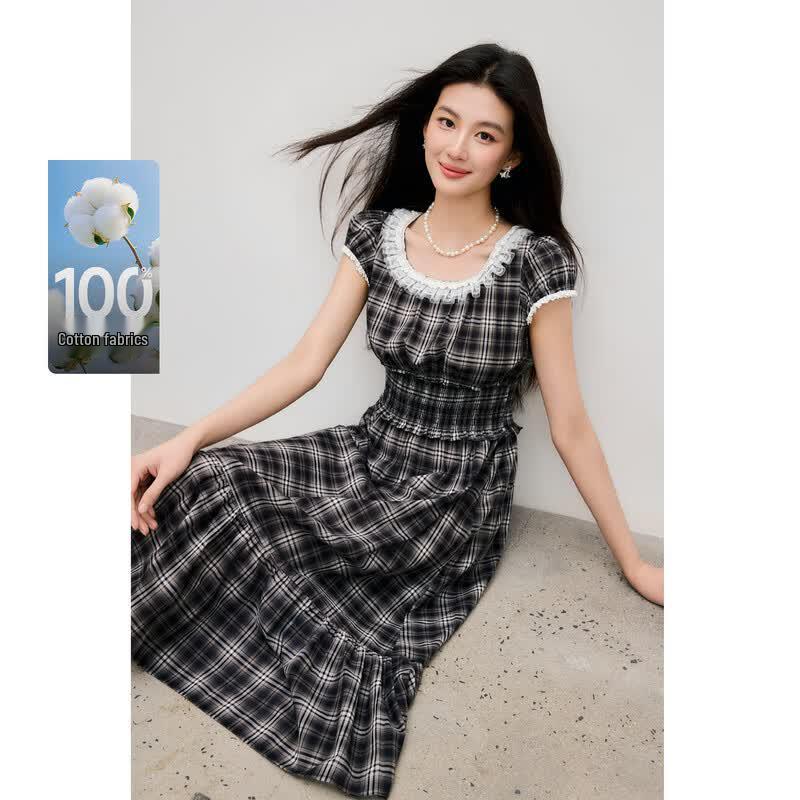 Women s Plaid Draped Dress with Lace Flutter Sleeves L