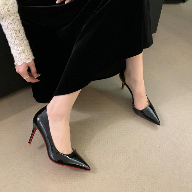 Black high heels women's thin heels temperament fashionable and thin autumn new side empty shallow mouth pointed single shoes
