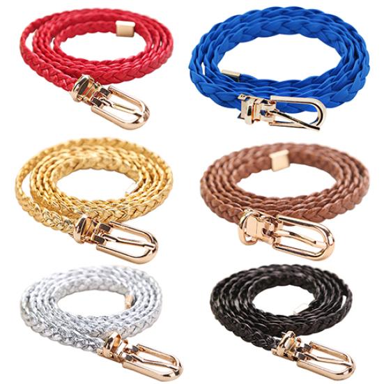 Women Braided PU Leather Narrow Thin Buckle Strap Waist Belt All-Match Waistband