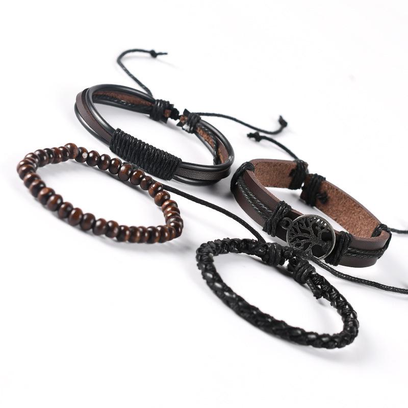 4-Piece Men's Tree of Life Multi-Layer Woven Leather Bracelet Set