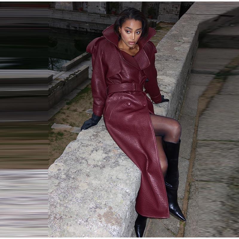 Street Vintage Long Leather Jacket Women Double Breasted Lapel Lace Up Full Sleeve Belt Jackets 2025 Spring Fashion Lady Outwear