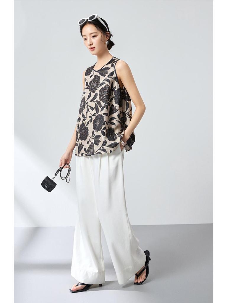 Summer 100% Mulberry Silk Printed Sleeveless Top - Chinese Style Loose Fit Versatile Blouse (Model 1561)