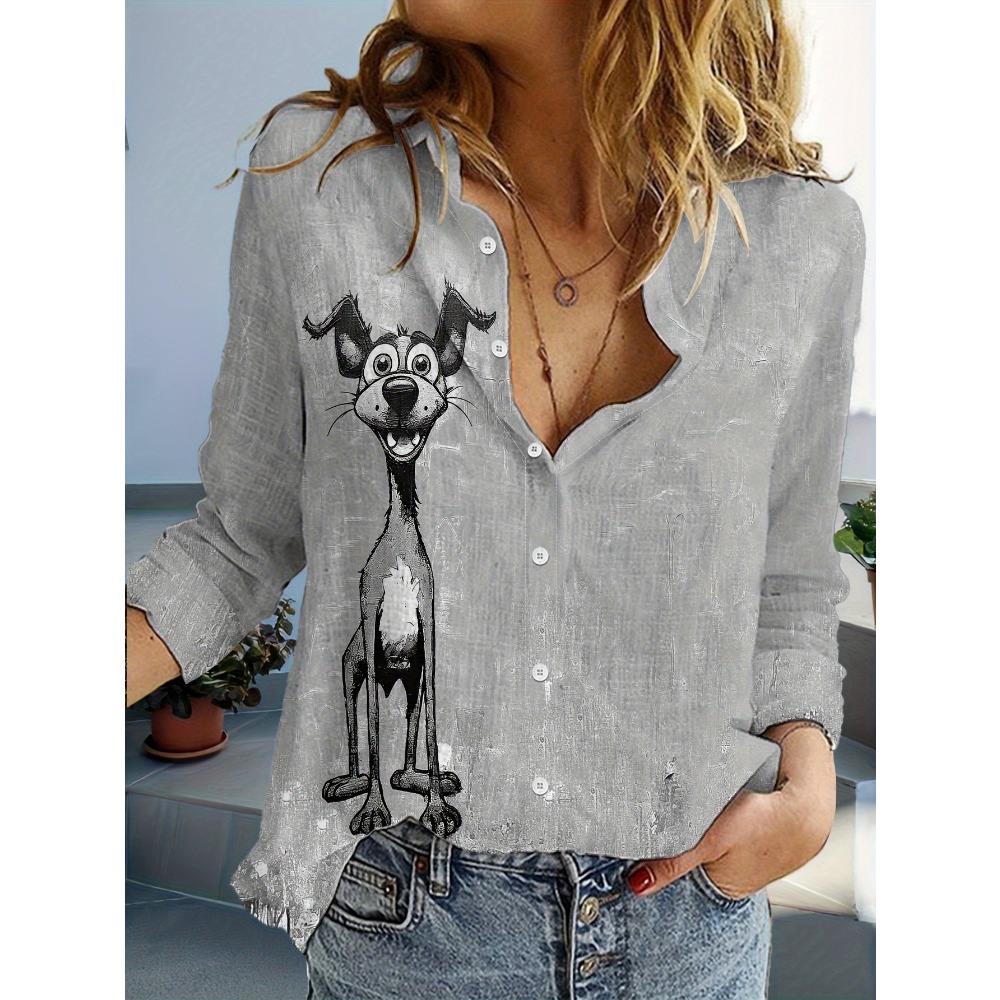 Personality Trend Gradient Puppy Women s Fashion Long-Sleeve Button-Up Shirt S