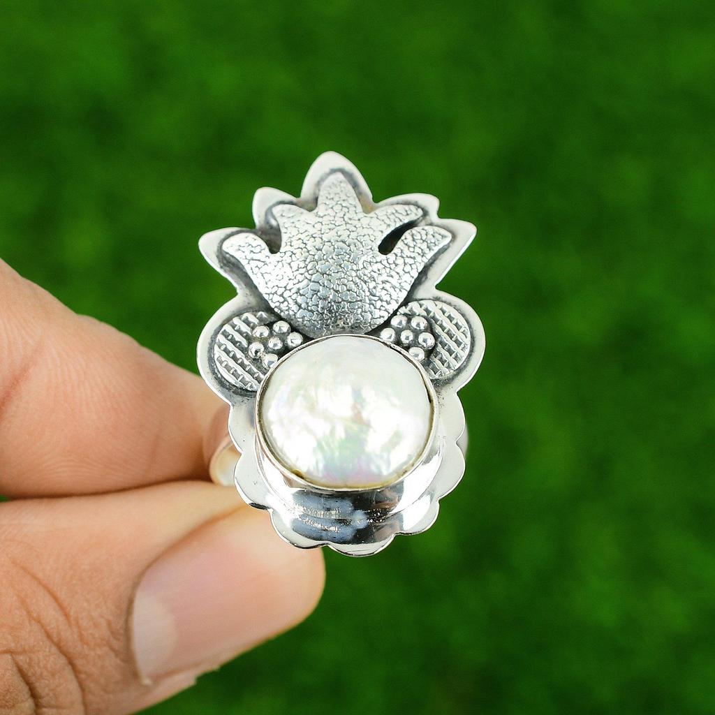 Sterling Silver Natural Biwa Pearl Ethnic Multi Stone Wedding Bezel Ring Jewelry