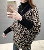 QYY Knit Loose Leopard High Dolman Fashionable Top for and Winter Women's Sweater, Fit, Pullover, Print, Neck, Sleeves, Spring, Autumn, (Black V-Neck)