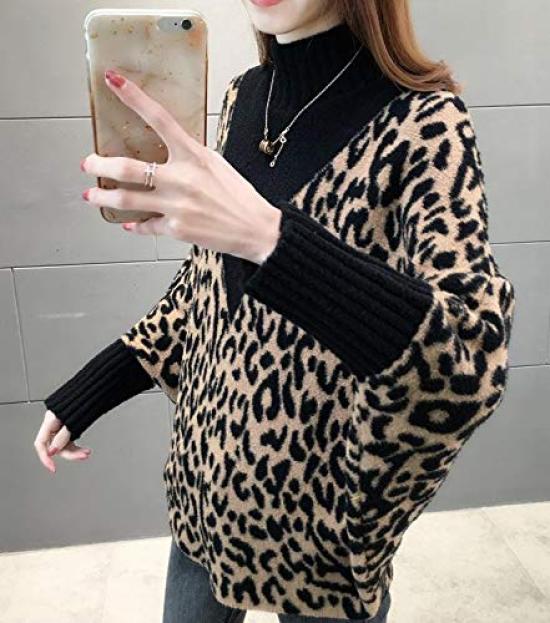 QYY Knit Loose Leopard High Dolman Fashionable Top for and Winter Women's Sweater, Fit, Pullover, Print, Neck, Sleeves, Spring, Autumn, (Black V-Neck)