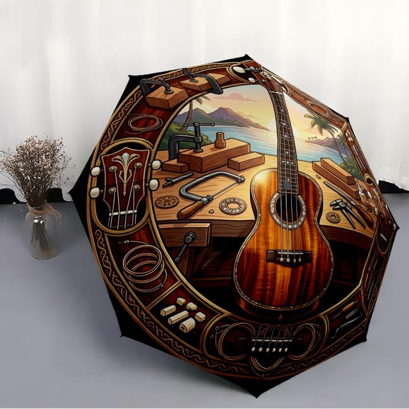 Guitar Craftsmanship Scene Pattern Umbrella, Portable and Foldable Design, 8 Ribs, a Casual Accessory for Halloween, Christmas, and Birthday Gifts.