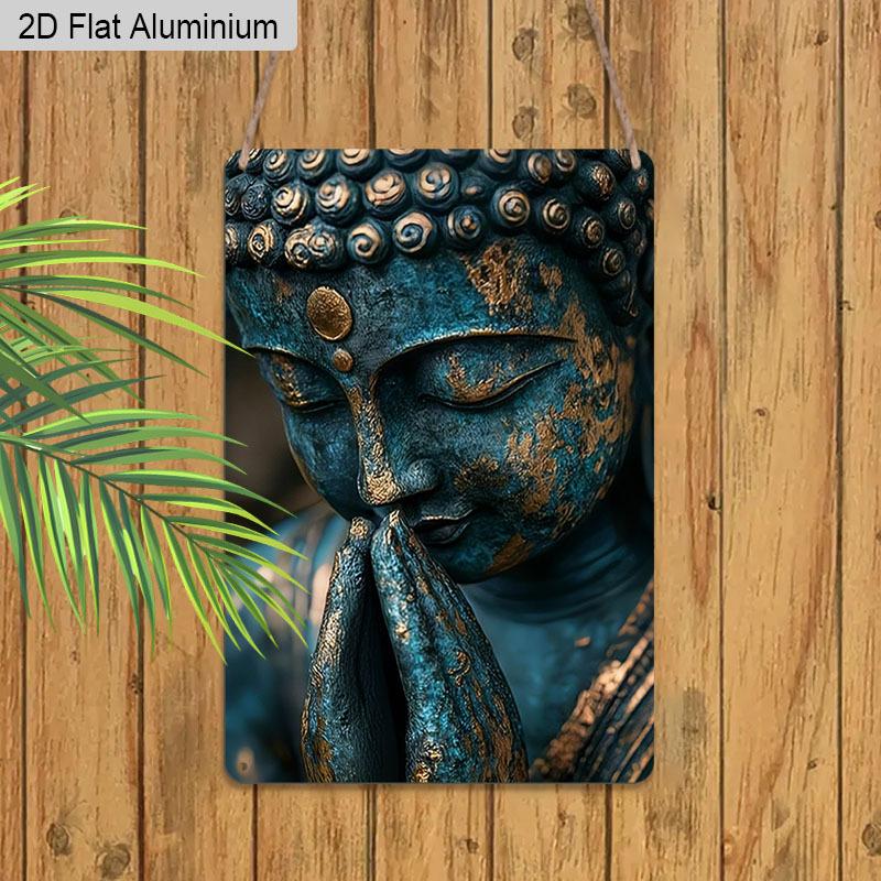 2D Flat, 1pc Vintage Buddha Aluminium Wall Art Sign "Teal Praying Buddha" - 8"x12" Rustic Zen & Spiritual Home Decor, Perfect Gift for Yoga