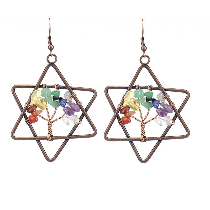 

Handmade Vintage Wire-Wrapped Natural Stone Crystal Tree of Life Hexagram Dangle Earrings