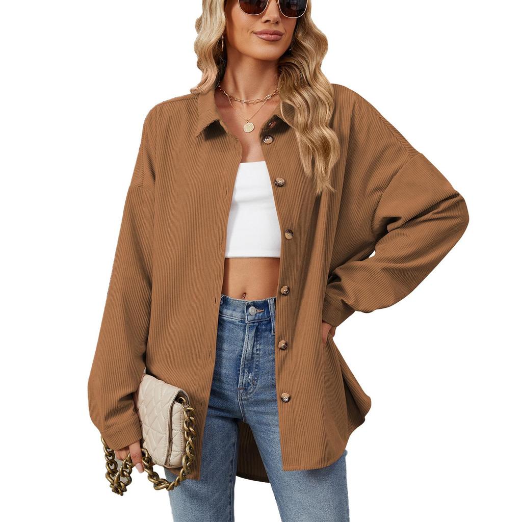 Spring and Autumn Women's Solid Colour Lapel Button Long Sleeve Loose Shirt Jacket