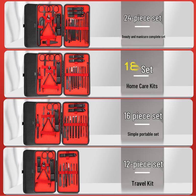 24-teiliges Schwarz-Rot-Nagelknipser-Set mit Schrägschnitt-Knipser, Pediküre-Werkzeugen und Hautscheren