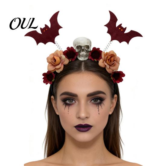 Festive Hair Decorations for Costumes Halloween Flower Skeleton Bat Headband, Gothic Floral Skull Bands, Spooky Fashionable Clips Accessory,