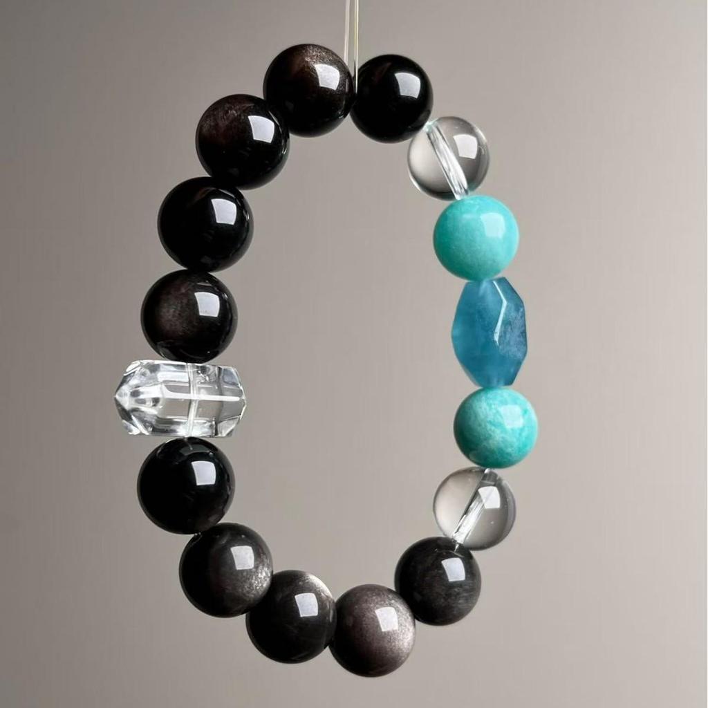 Silver Obsidian & Aquamarine Crystal Unisex Qi Focus Bestseller