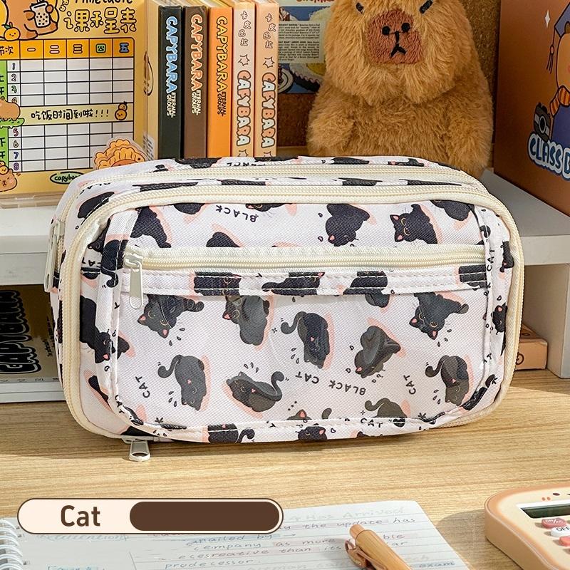 Cute Cartoon Pencil Bag Pen Case Capybara Dog Cat Flip Cover Transparent Front Multi Pocket Storage Pouch Stationery