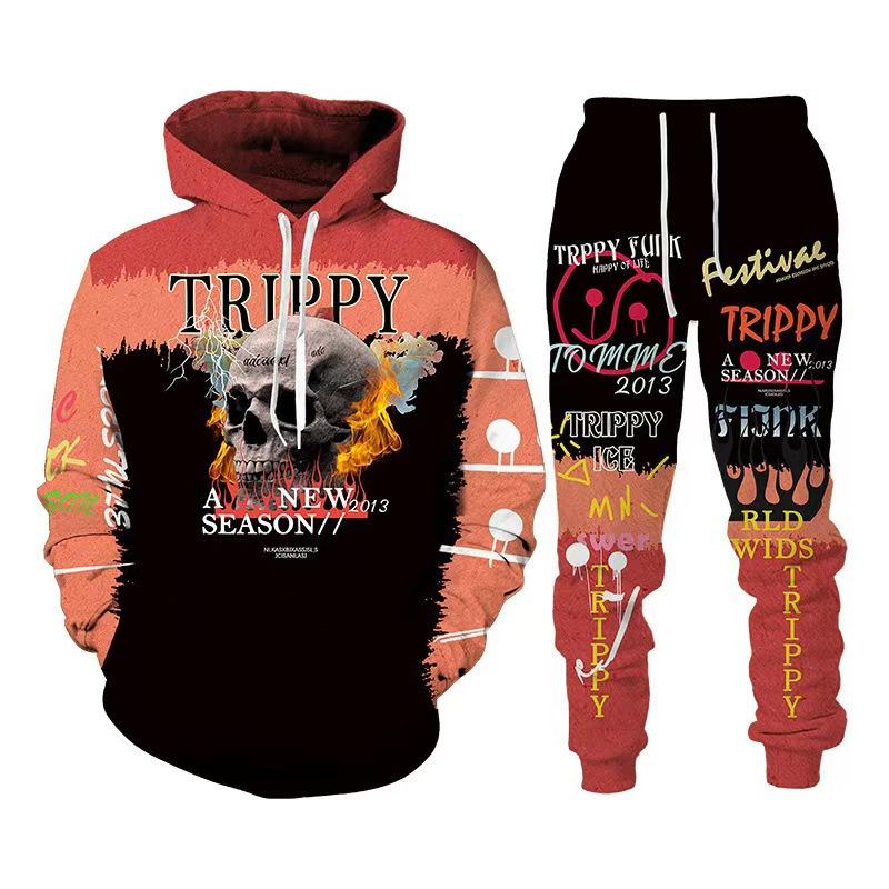 Hot Sale, Stylish 3D Skull Print Punk Sportswear, Pants Hoodie Couple Suit Street Trend