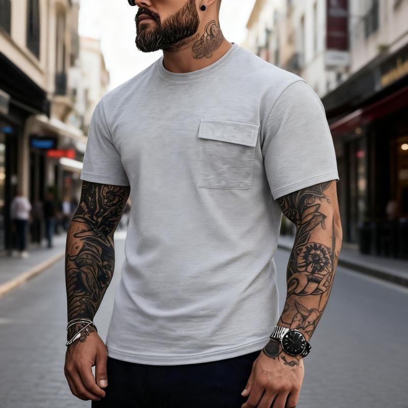 

Mens Heather Gray Crew Neck Short Sleeve T-Shirt with Chest Pocket S