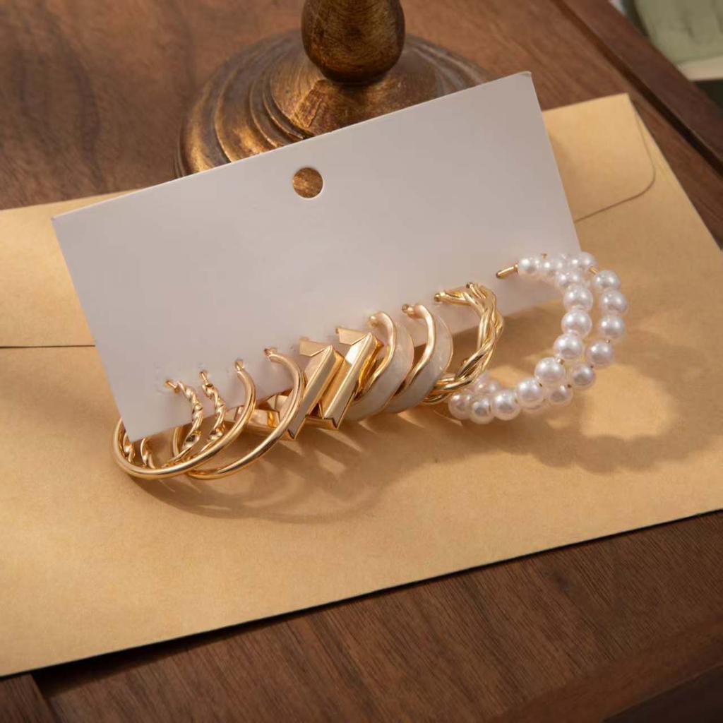 Retro Metal Geometric Personality Simple Retro Pearl Earrings Set Combination 6-Piece Set Women
