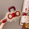 2025 New Year Red Plush Pearl Claw Clip - Stylish Women's Shark Hairpin Accessory for Buns and Hair Styling