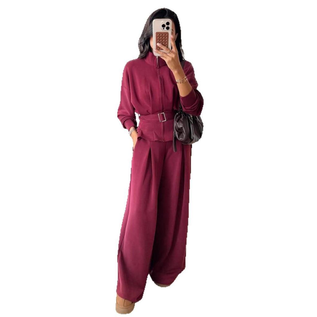2025 Women's Zipper Long Sleeve Sports Casual Pants with Belt - Wide Leg Set