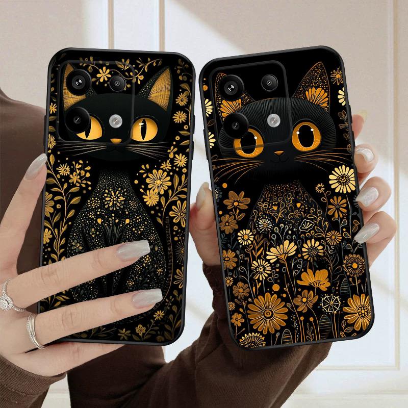 Flower Cat Black For Redmi Note 10 11 Note12S 12 13 14 Pro Plus 5G 14S 4G 13ProPlus 9S 9 P ro 13C 14C silicone soft phone case
