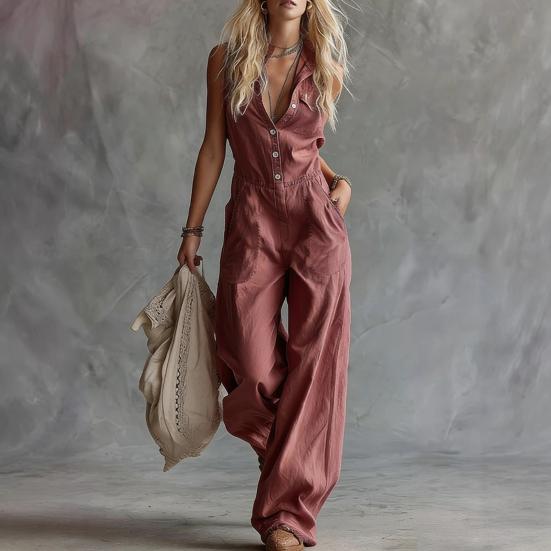Sommer Damen Jumpsuit V-Ausschnitt Ärmellos Knopfleiste Vorne Lässig Locker Weites Bein Hosen Damen Langer Romper Overall mit Dual