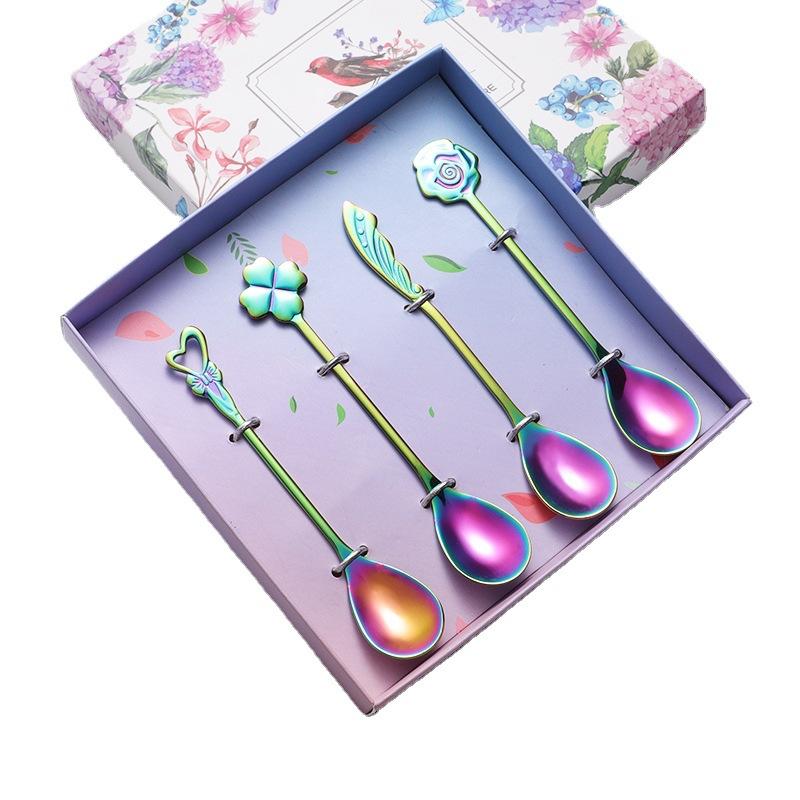 304 Stainless Steel Coffee Spoon Wedding Four-piece Gift Box Love 4 Flower-shaped Titanium-plated Gold Colorful