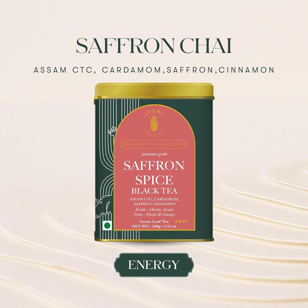 Luxmi Estates Zafferano Chai Tè Nero Assam CTC Premium Miscela Indiana Signature Tè Masala Forte 100 g Infuso Speziato