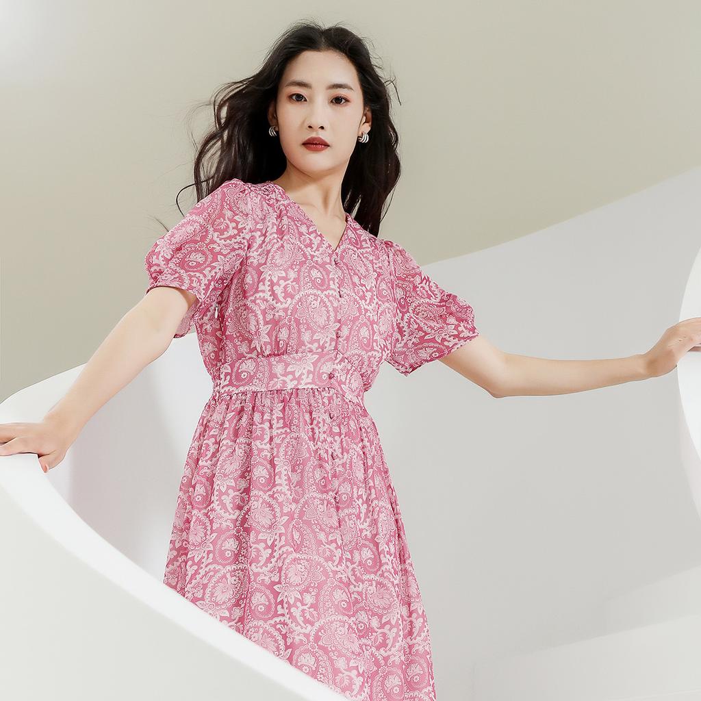 Value Benefits Printed Dress for Summer Slimming, V-neck Style, Thin Long Dress