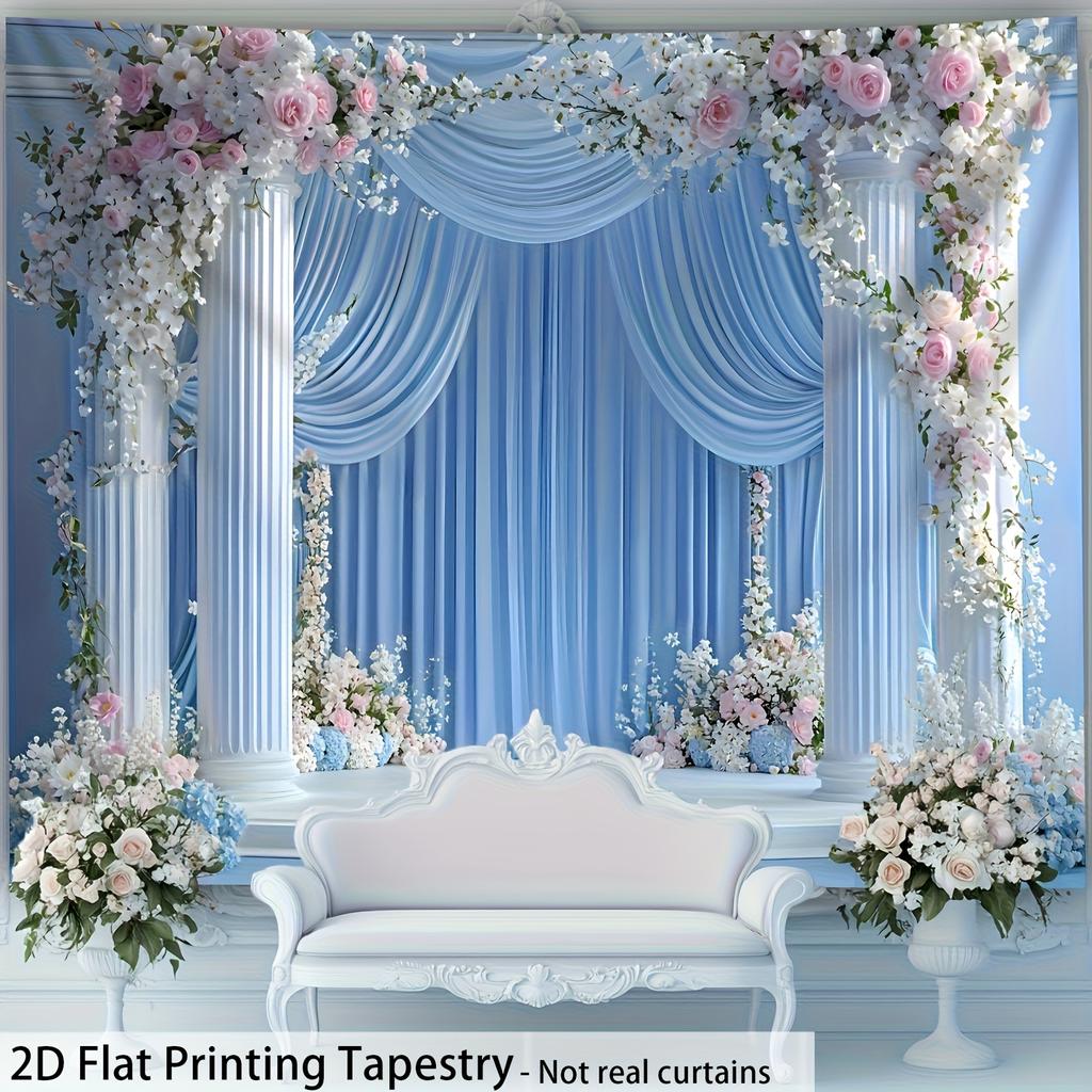 Blue Wedding Arch Tapestry, Floral Decoration With Pink And White Roses, Romantic Wall Hanging For Bedroom Living Room