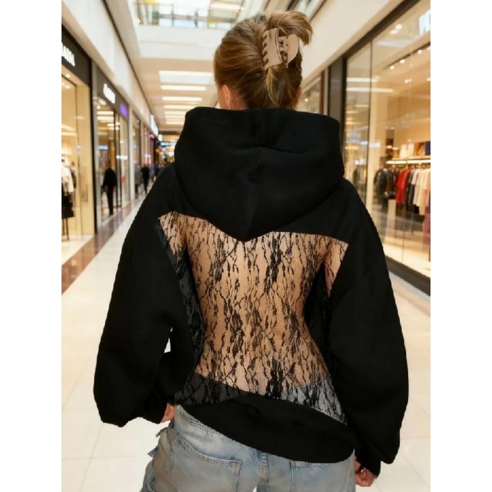 Dámská jednobarevná módní mikina s kapucí s dlouhým rukávem a odhalenými zády z duté síťoviny