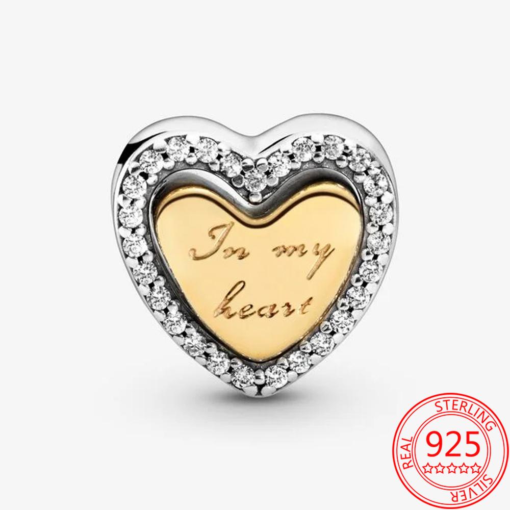 Authentic 925 Sterling Silver Dome Gold Heart Pendant Charm Fit Original Fashion 3mm Bracelet Diy Beaded Jewelry Gift Making