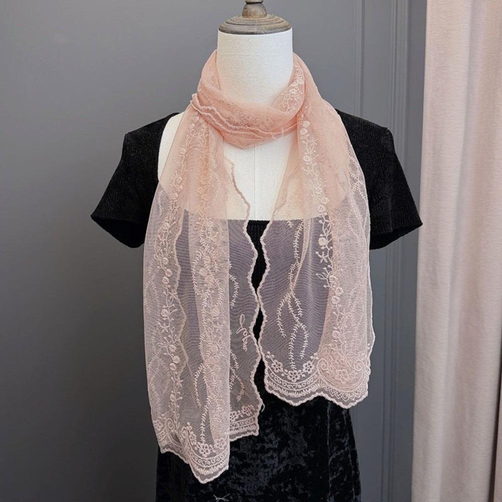 Solid Color Women s Lace Scarf Embroidered Flower Korean Version Scarf Women s Accessory розовый