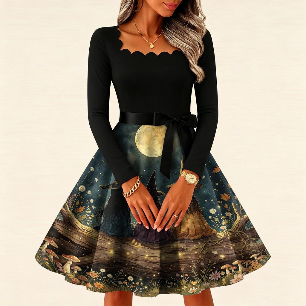 Women's Vintage Long Sleeve Square Neck Halloween Print Evening Dress for Party Occasions