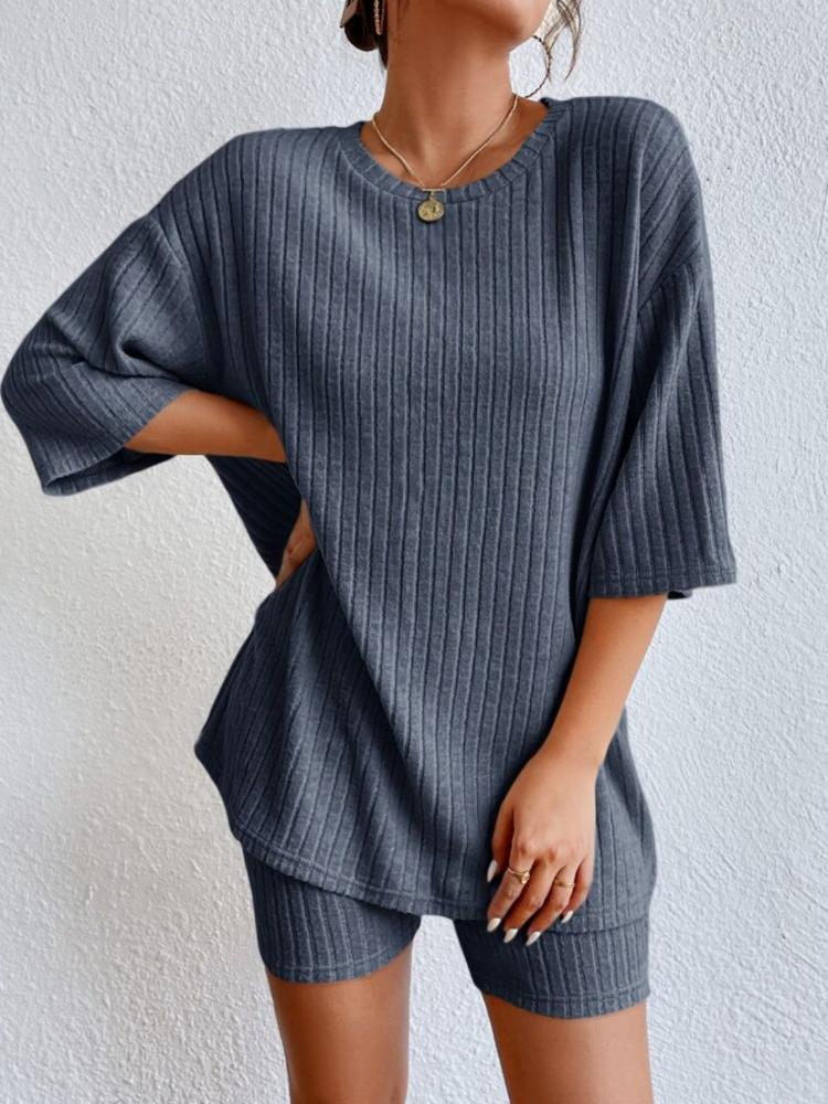 Fashion Casual Solid Color Spring Round Neck Loose Women's Shorts Set