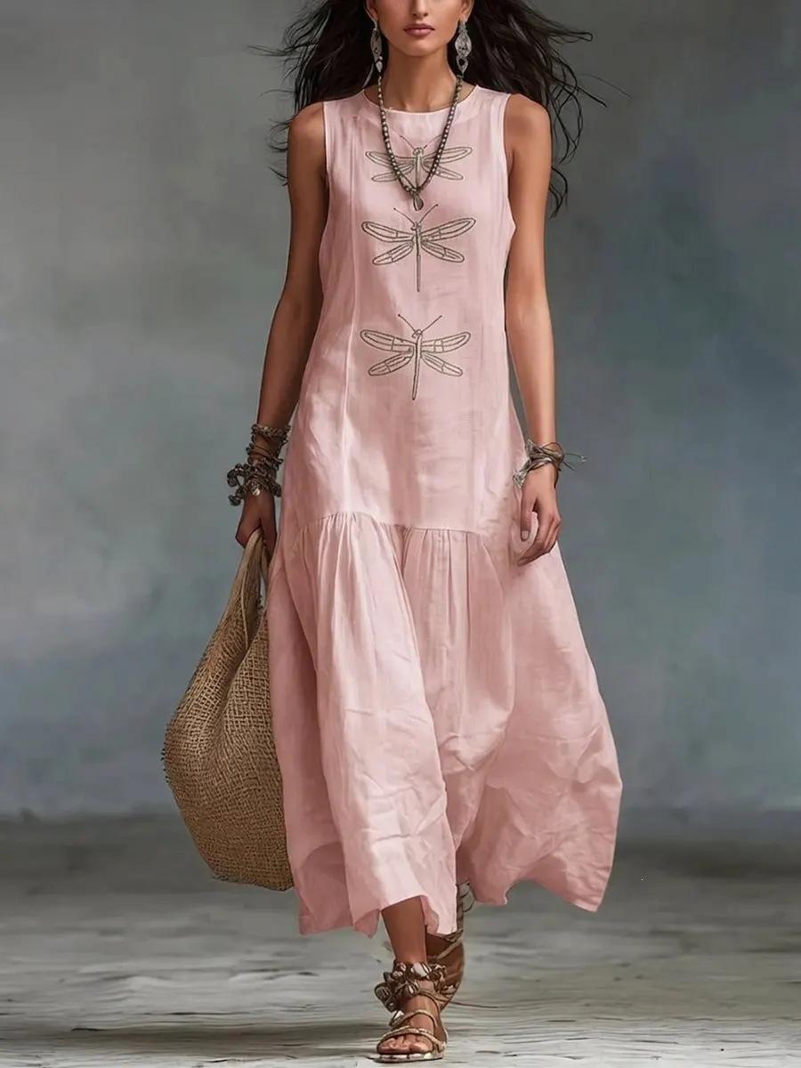 European and American new women s clothing casual round neck loose sleeveless solid color women s dragonfly dress S