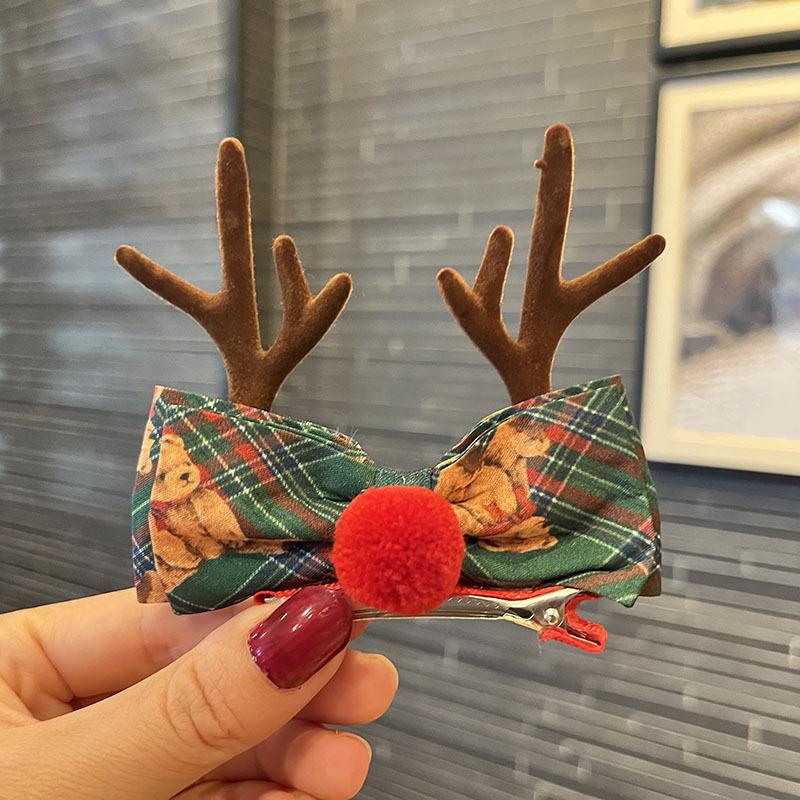 Korean Little Bear Gingham Bow Antler Hair Clip - Children s Mori Style Christmas Deer Ears Accessory