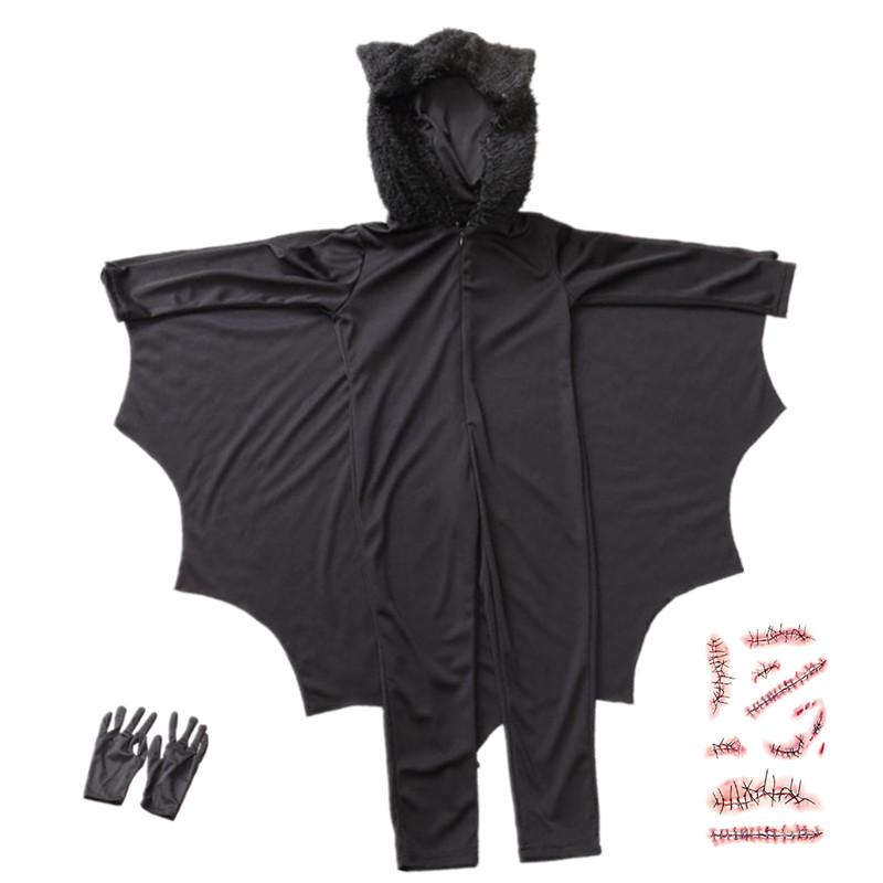 Halloween Scary Bat Cosplay Costume Set Kids Unisex Vampire Bat Costume, Jumpsuit  Send Horror Scar Patch and Black Gloves