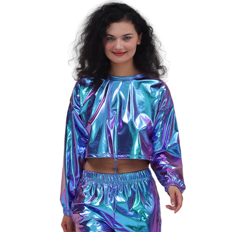 

Женские блестящие металлические толстовки с длинным рукавом, укороченный топ, повседневный пуловер, рубашки в стиле хип-хоп для ночного клуба, танцевальная одежда M синий/разноцветный