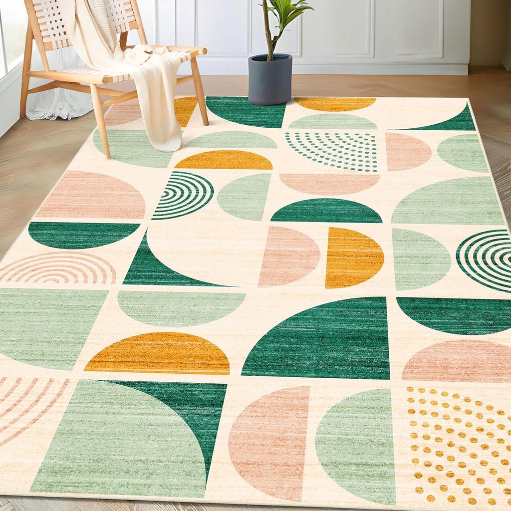 Boho Orange Area Rug – Machine Washable Non-Slip Abstract Carpet for Bedroom Living Room Entryway, Soft Indoor Bedside Mat